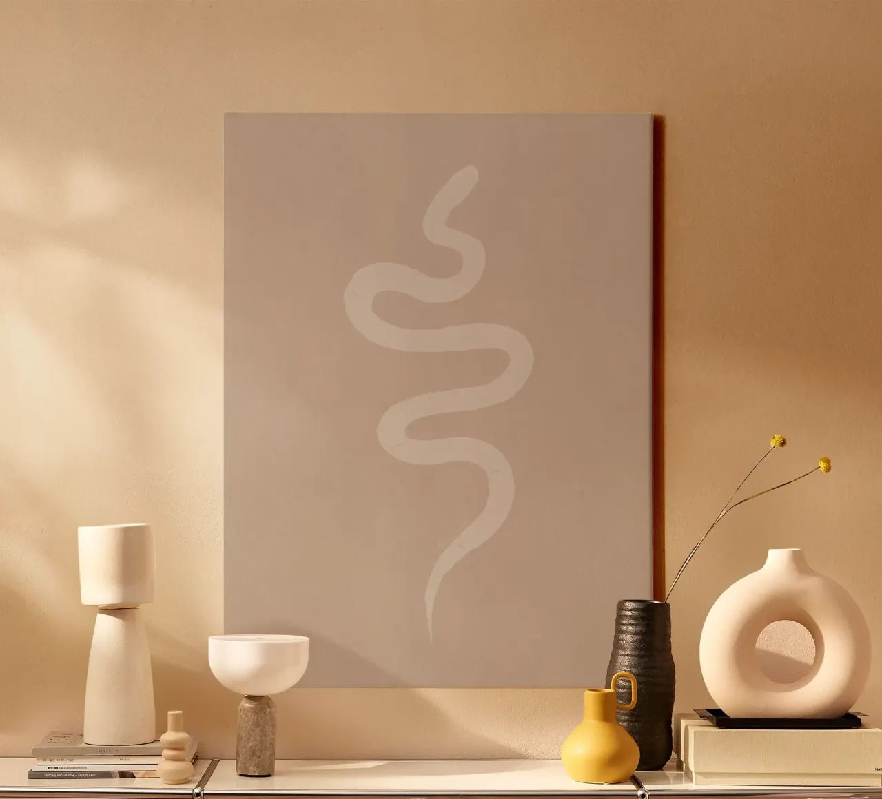 Boho Peach Beige White Snake - Minimalist Abstract Organic canvas with Floater frame by This Wild Soul - Illustration