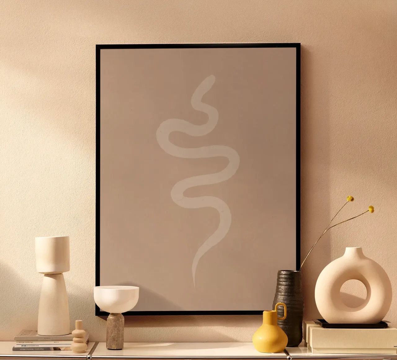 Boho Peach Beige White Snake - Minimalist Abstract Organic hahnemühle by This Wild Soul - Illustration