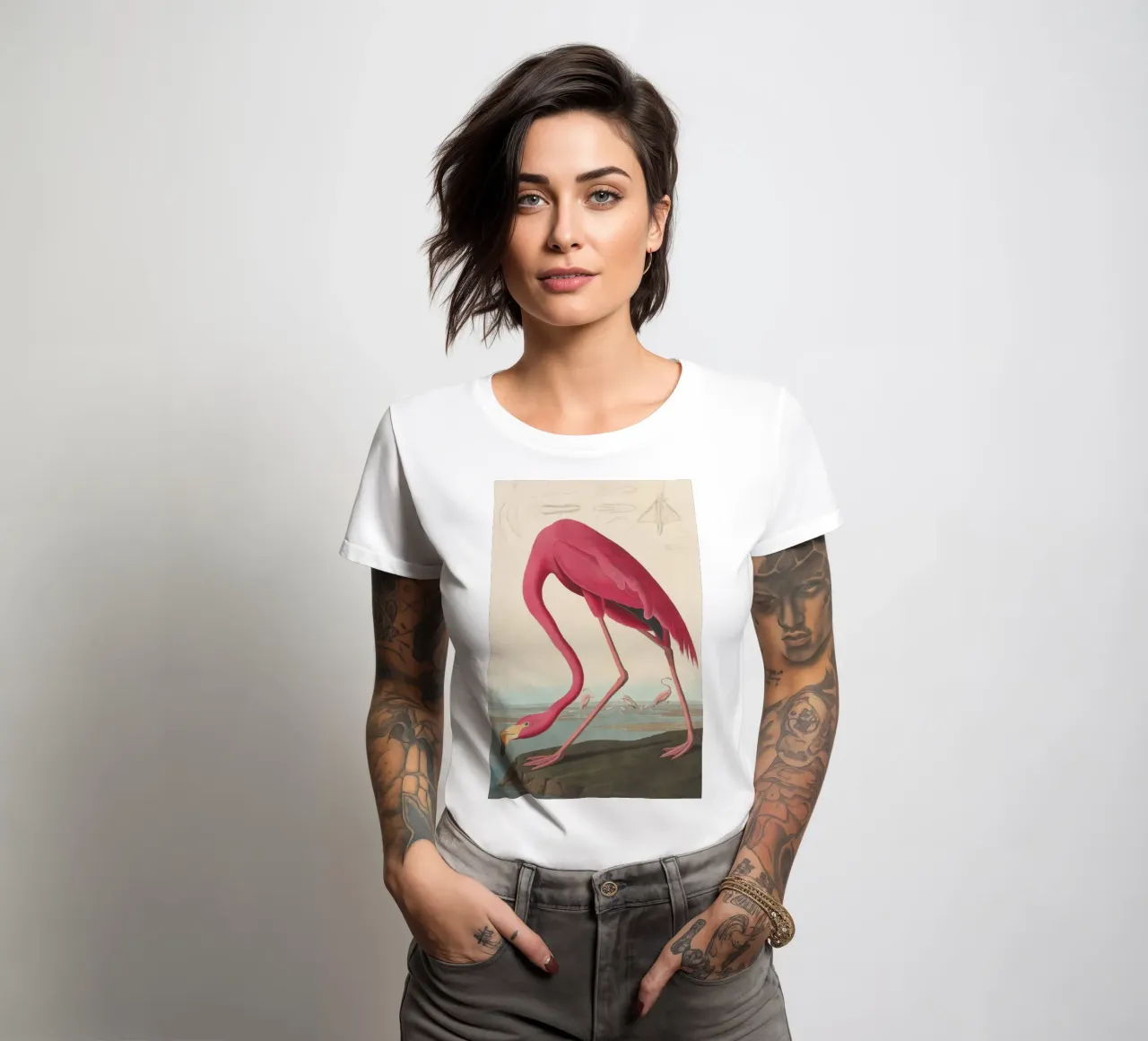 John James Audubon - American Flamingo women's fitted t-shirt by Timeless Artworks
