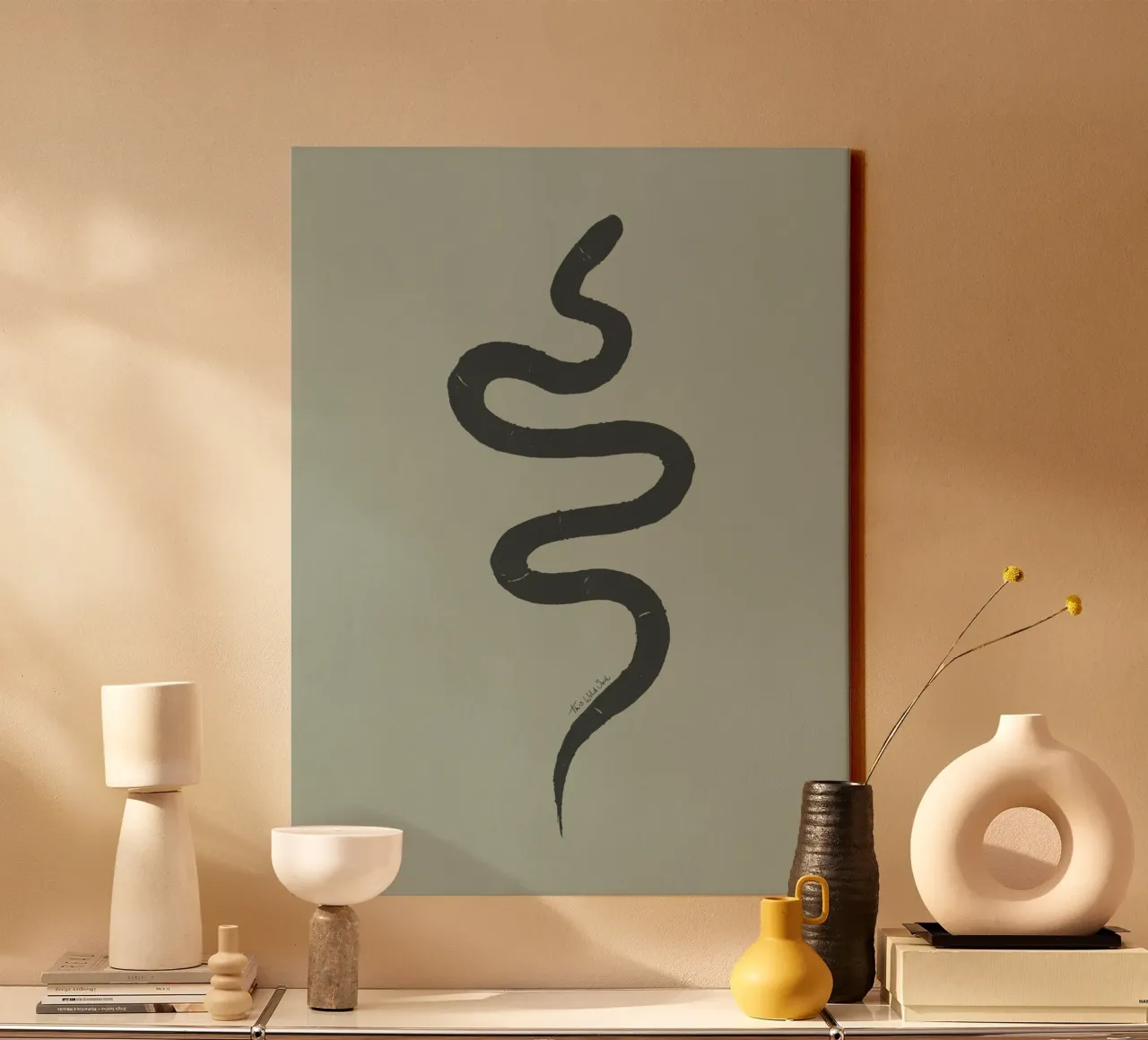 Boho Pastel Sage Green Black Snake - Minimalist Abstract canvas by This Wild Soul - Illustration