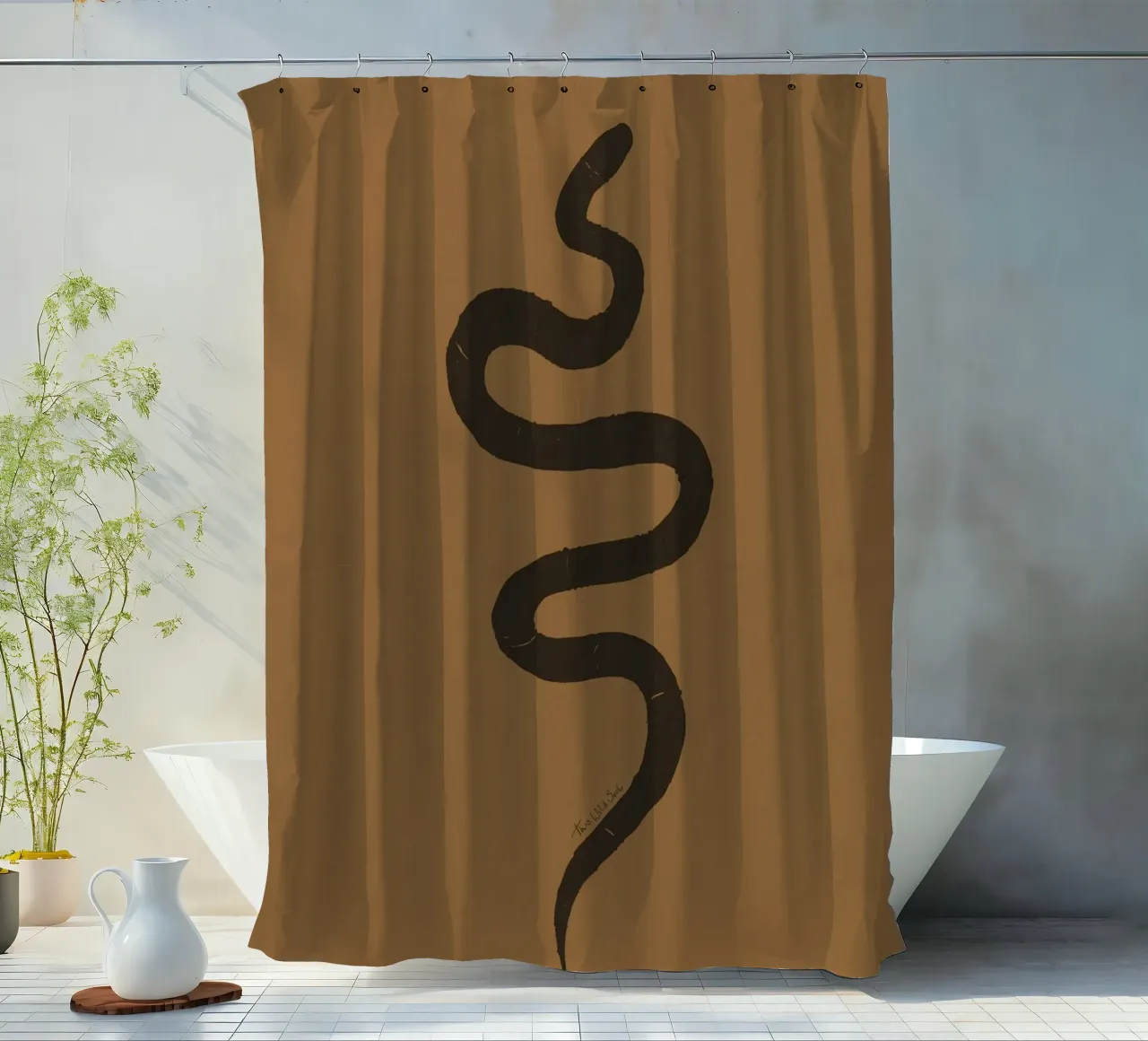 Serpente astratto organico boho in terracotta e nero carbone tenda da doccia da This Wild Soul - Illustration