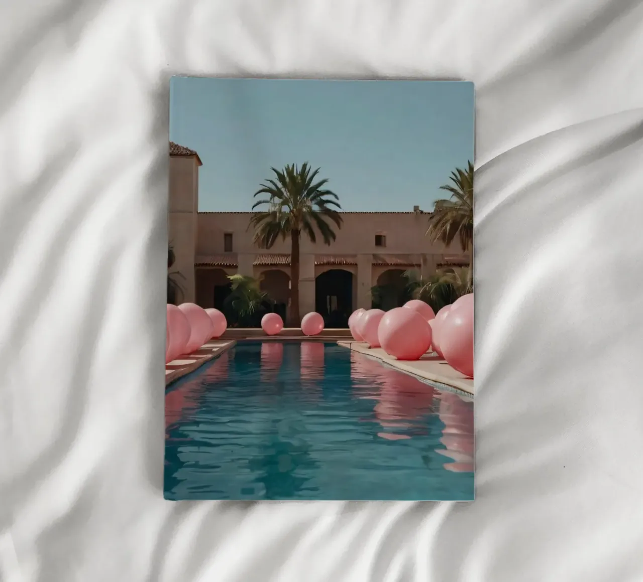 A serene poolside adorned with pink balloons and palm trees notebook by DesignDoodle