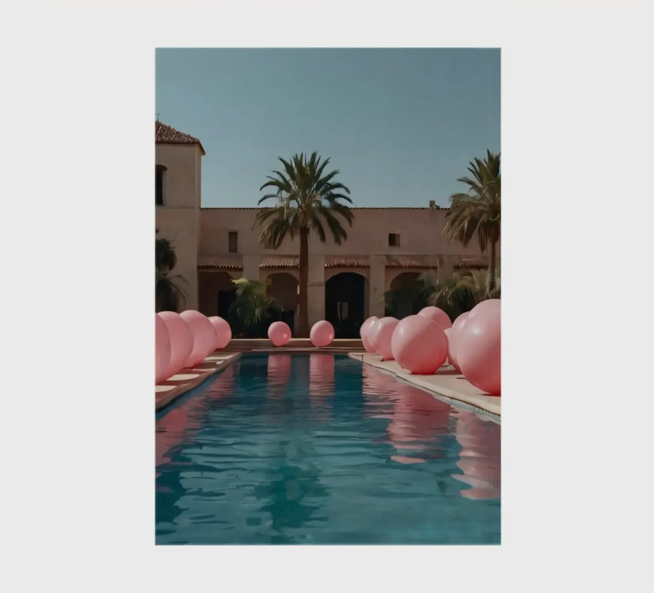 A serene poolside adorned with pink balloons and palm trees notebook by DesignDoodle