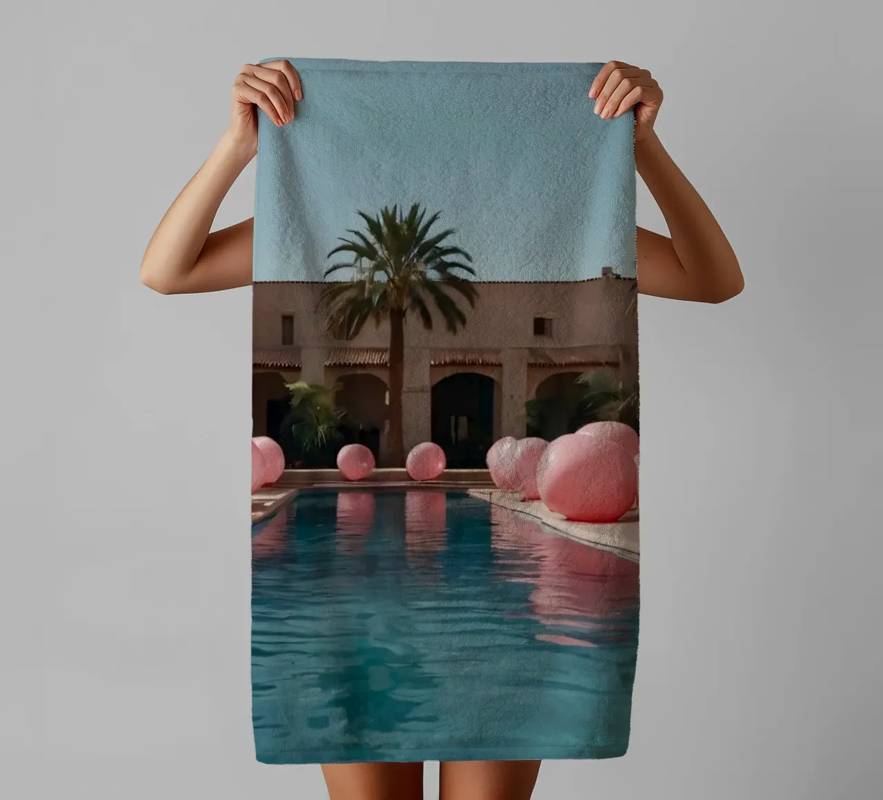A serene poolside adorned with pink balloons and palm trees towel by DesignDoodle