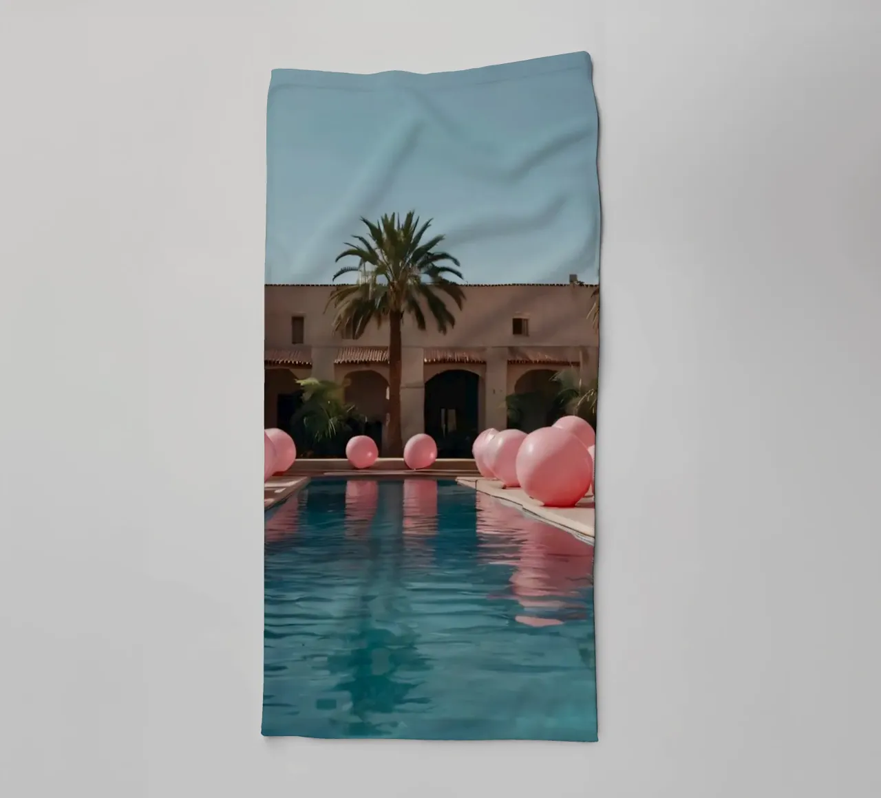 A serene poolside adorned with pink balloons and palm trees towel by DesignDoodle