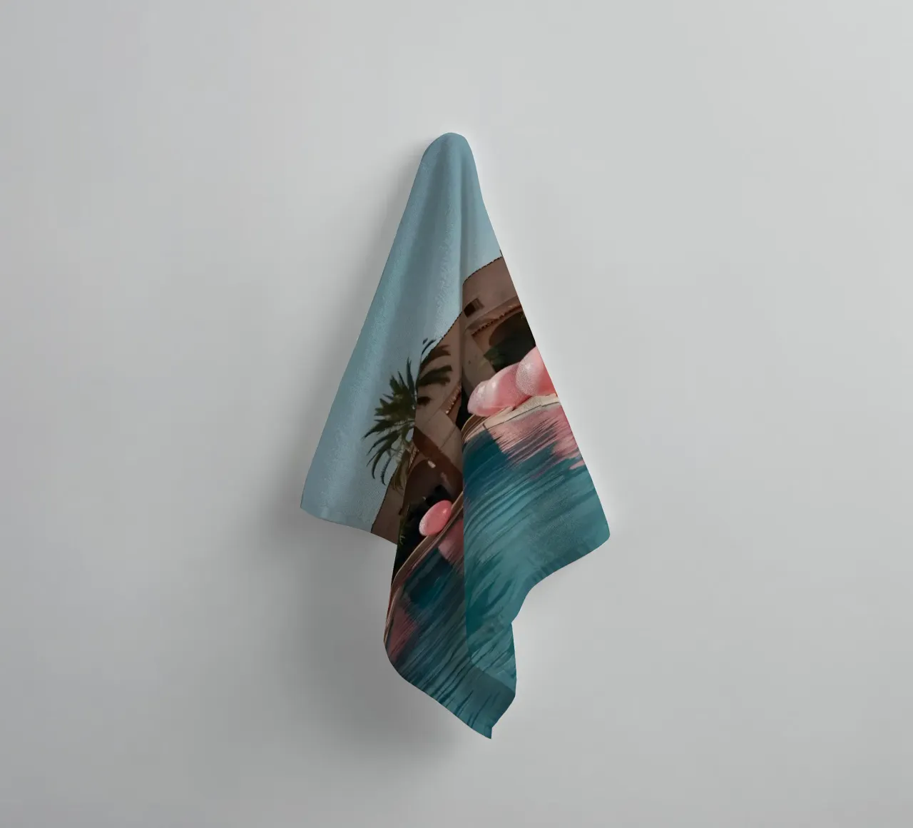 A serene poolside adorned with pink balloons and palm trees towel by DesignDoodle