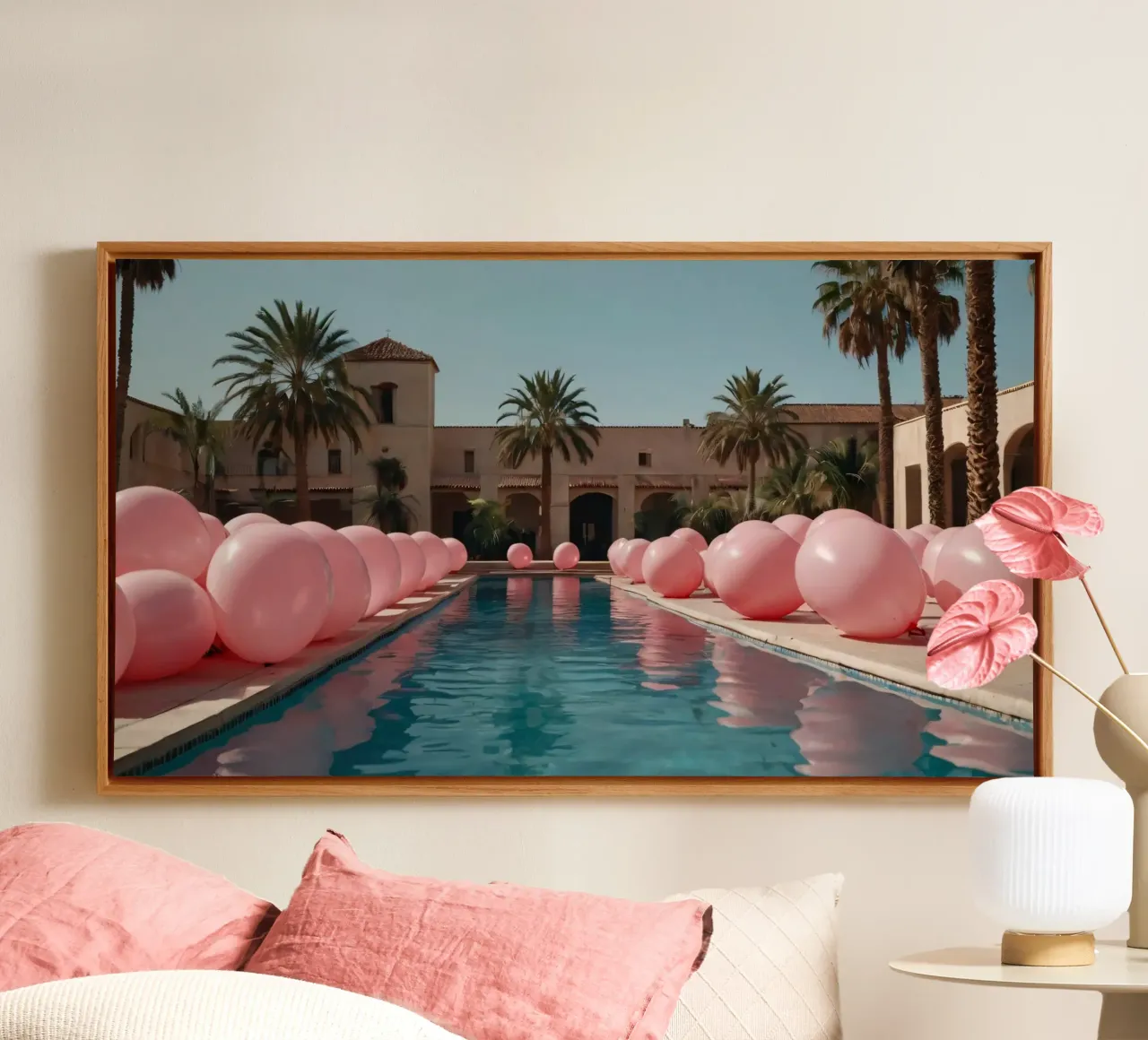 Een serene zwembadkant versierd met roze ballonnen en palmbomen canvas met Baklijst van DesignDoodle