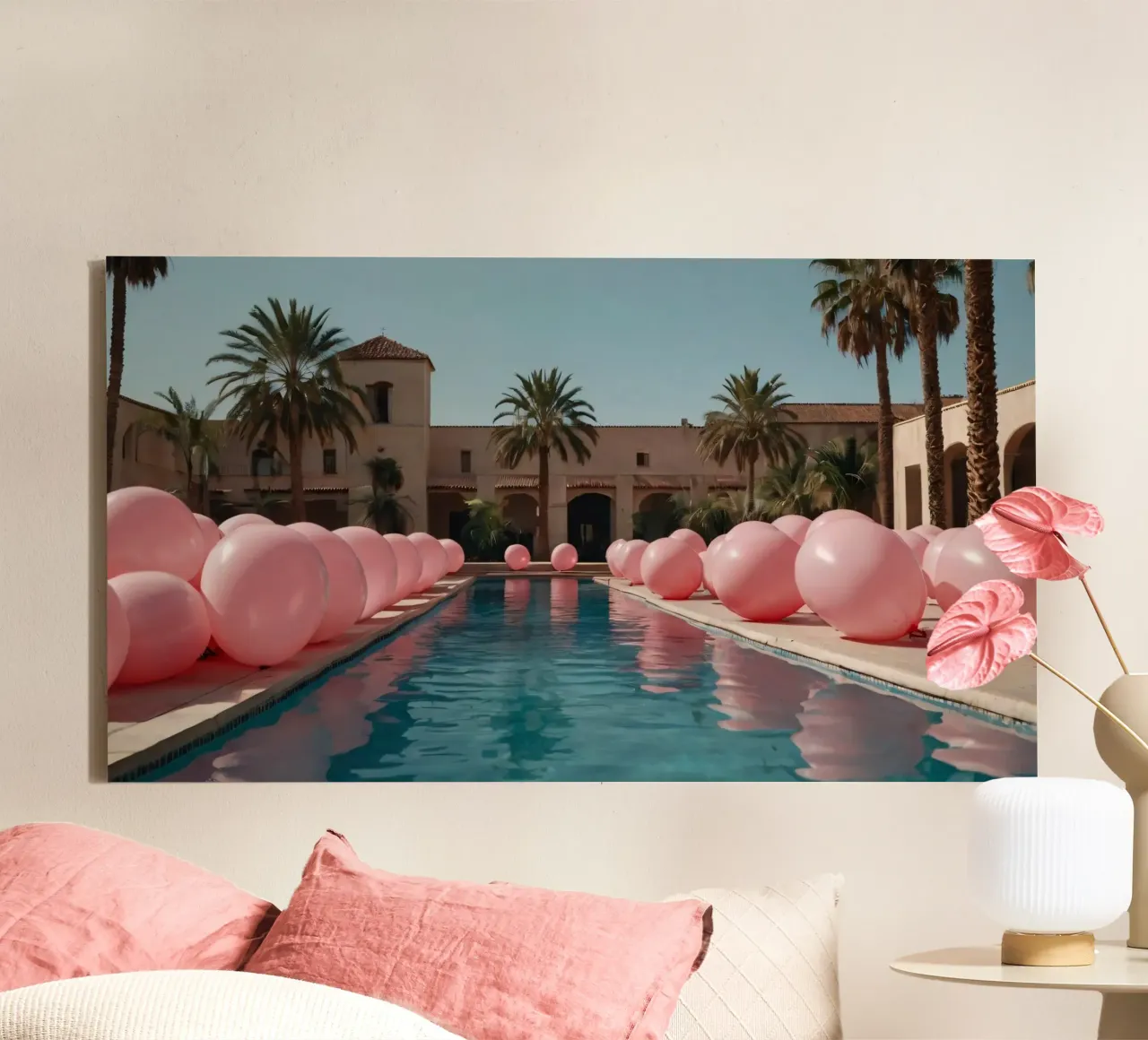 Een serene zwembadkant versierd met roze ballonnen en palmbomen canvas met Baklijst van DesignDoodle