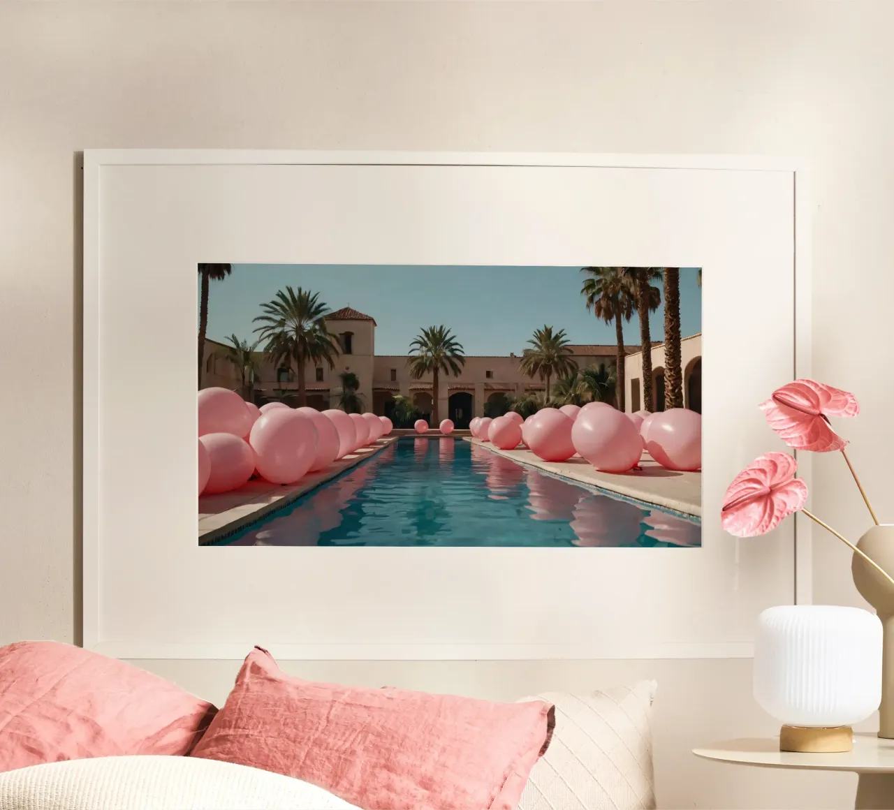 Una piscina serena adornada con globos rosas y palmeras poster de DesignDoodle