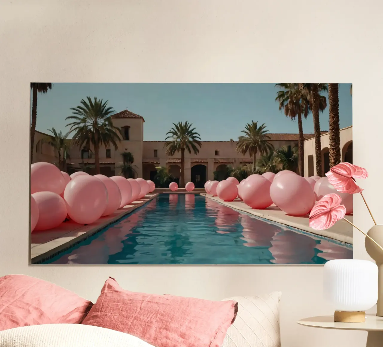 Una piscina serena adornada con globos rosas y palmeras poster de DesignDoodle