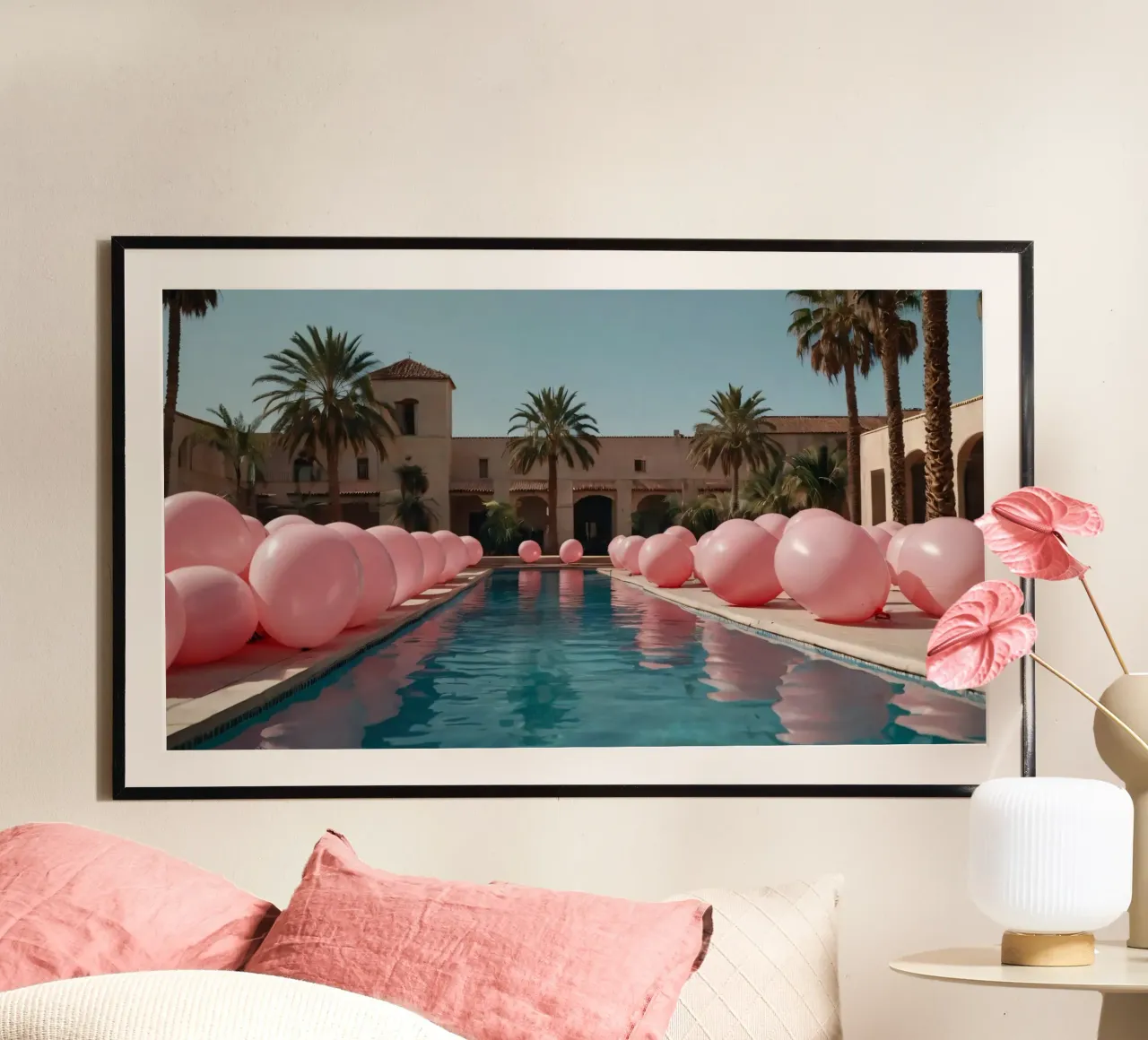 Una piscina serena adornada con globos rosas y palmeras poster de DesignDoodle
