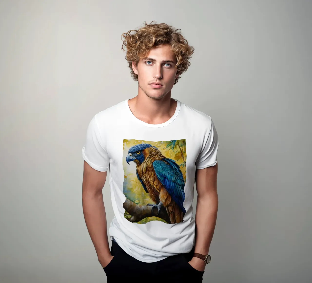 A colorful bird perched on a branch amidst autumn foliage t-shirt by DesignDoodle