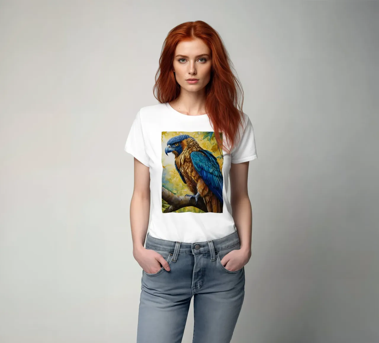 A colorful bird perched on a branch amidst autumn foliage t-shirt by DesignDoodle