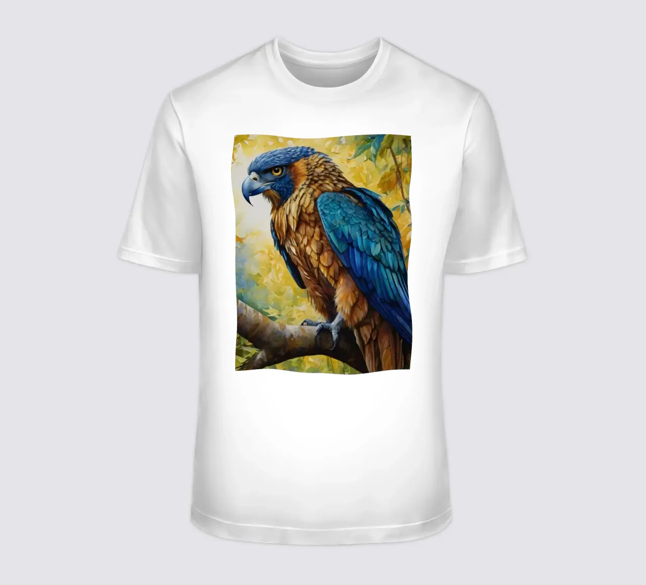 A colorful bird perched on a branch amidst autumn foliage t-shirt by DesignDoodle