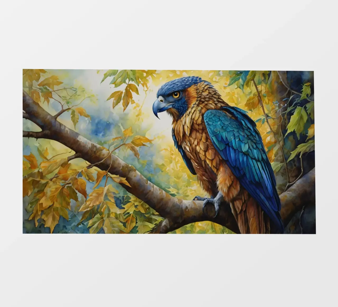 A colorful bird perched on a branch amidst autumn foliage pvc cover by DesignDoodle