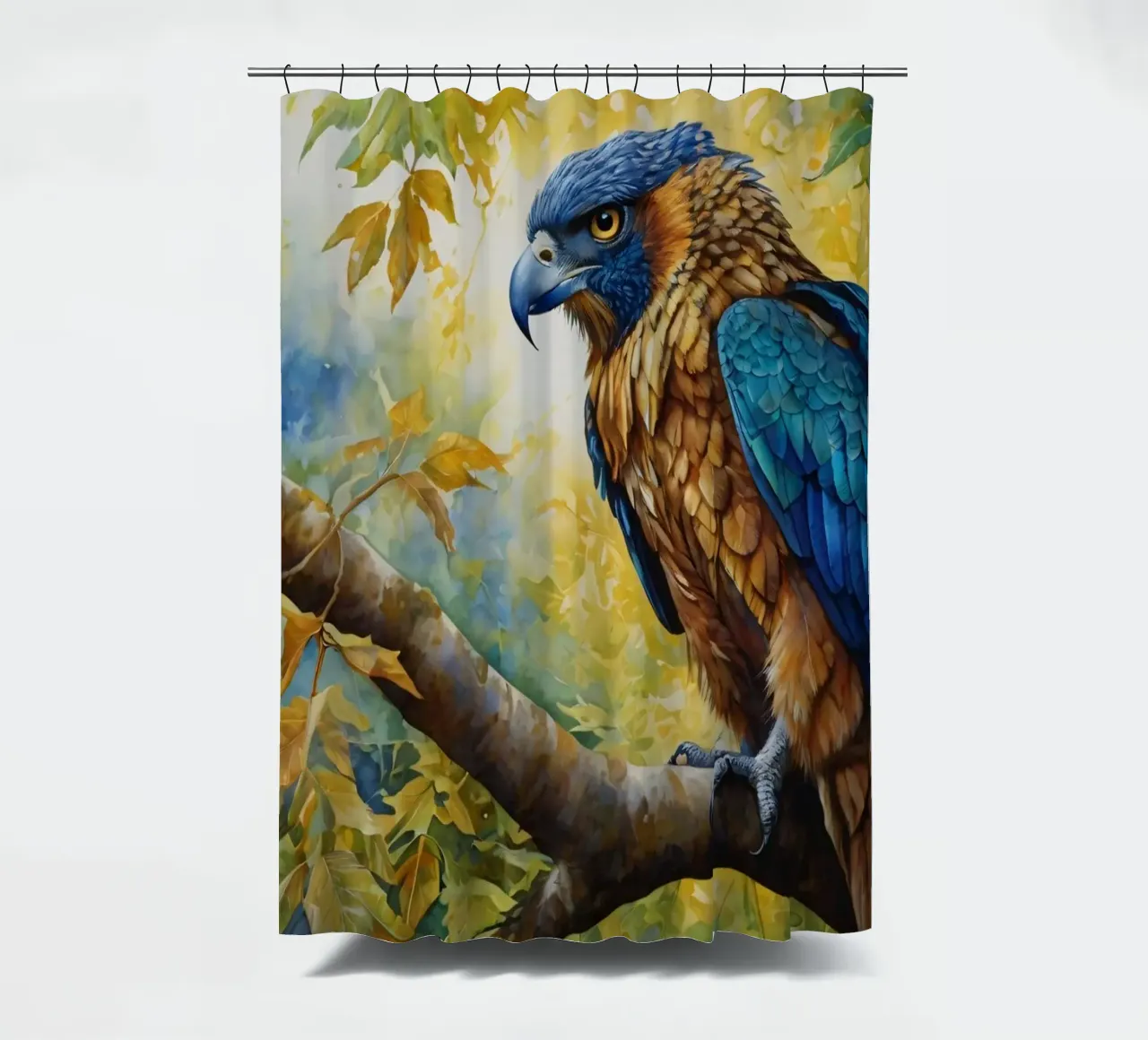 Un uccello colorato appollaiato su un ramo tra le fronde autunnali tenda da doccia da DesignDoodle