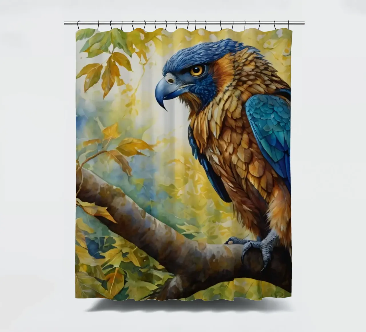 Un uccello colorato appollaiato su un ramo tra le fronde autunnali tenda da doccia da DesignDoodle