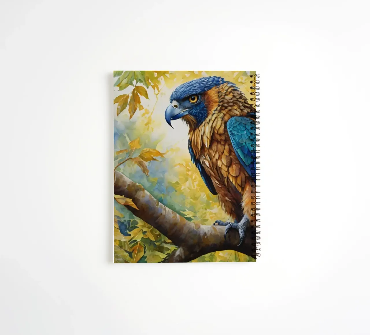 A colorful bird perched on a branch amidst autumn foliage spiral notebook by DesignDoodle