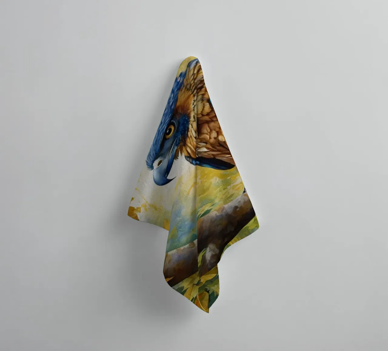 A colorful bird perched on a branch amidst autumn foliage towel by DesignDoodle