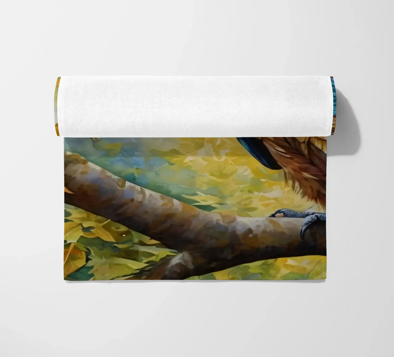 Een kleurrijke vogel neergestreken op een tak te midden van herfstbladeren strandhanddoek van DesignDoodle