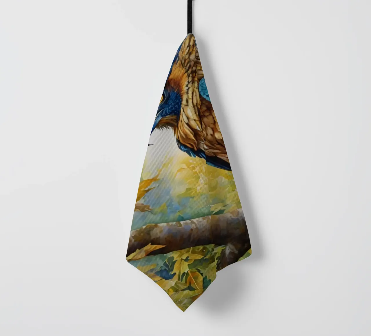 A colorful bird perched on a branch amidst autumn foliage tea towel by DesignDoodle