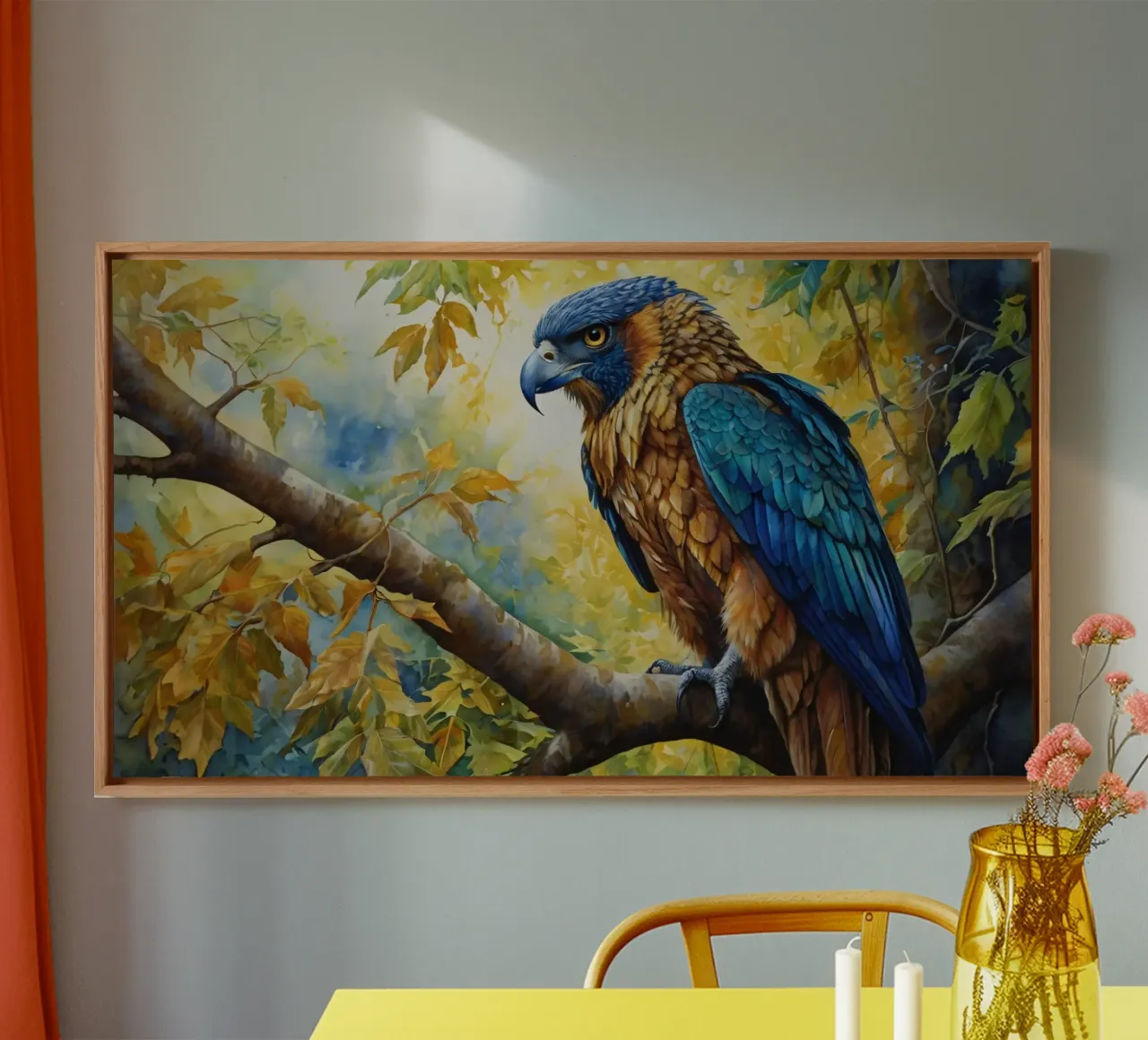A colorful bird perched on a branch amidst autumn foliage canvas by DesignDoodle
