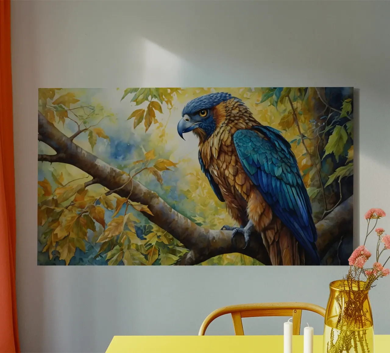 A colorful bird perched on a branch amidst autumn foliage canvas by DesignDoodle