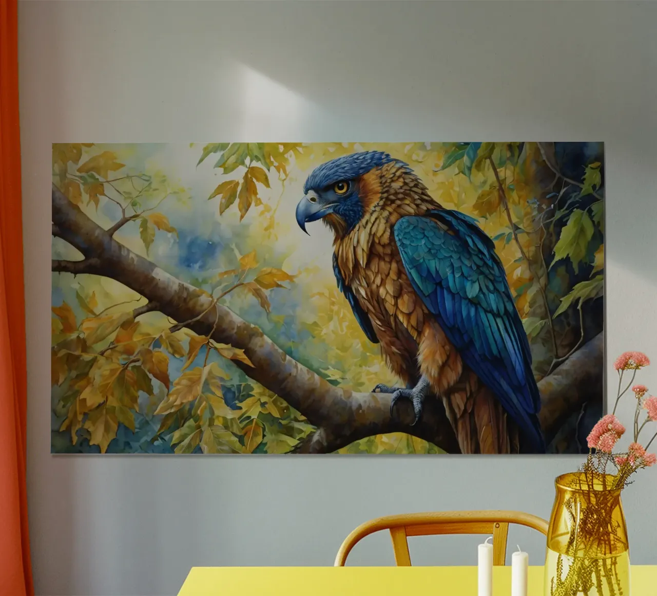 A colorful bird perched on a branch amidst autumn foliage hahnemühle by DesignDoodle