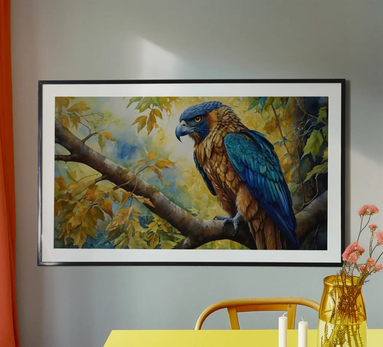 A colorful bird perched on a branch amidst autumn foliage hahnemühle by DesignDoodle