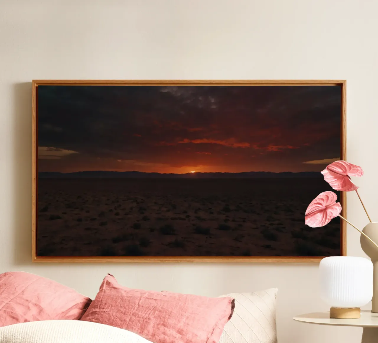 Vibrant sunset illuminating the desert landscape canvas with Floater frame by DesignDoodle
