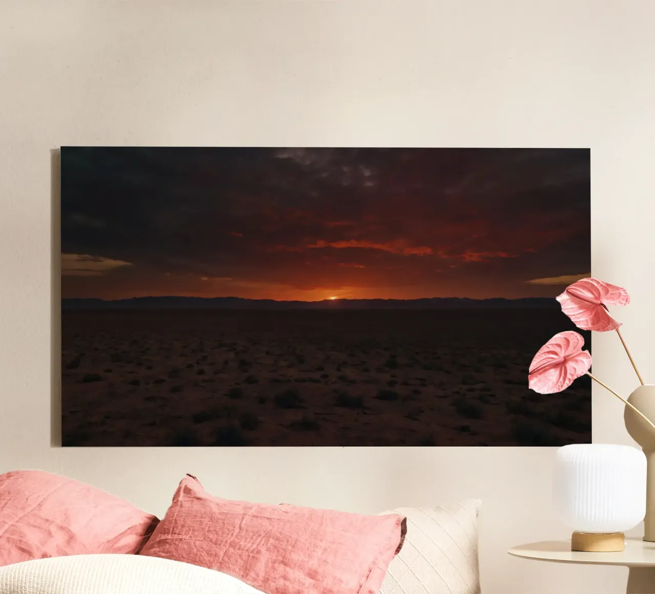 Vibrant sunset illuminating the desert landscape canvas with Floater frame by DesignDoodle