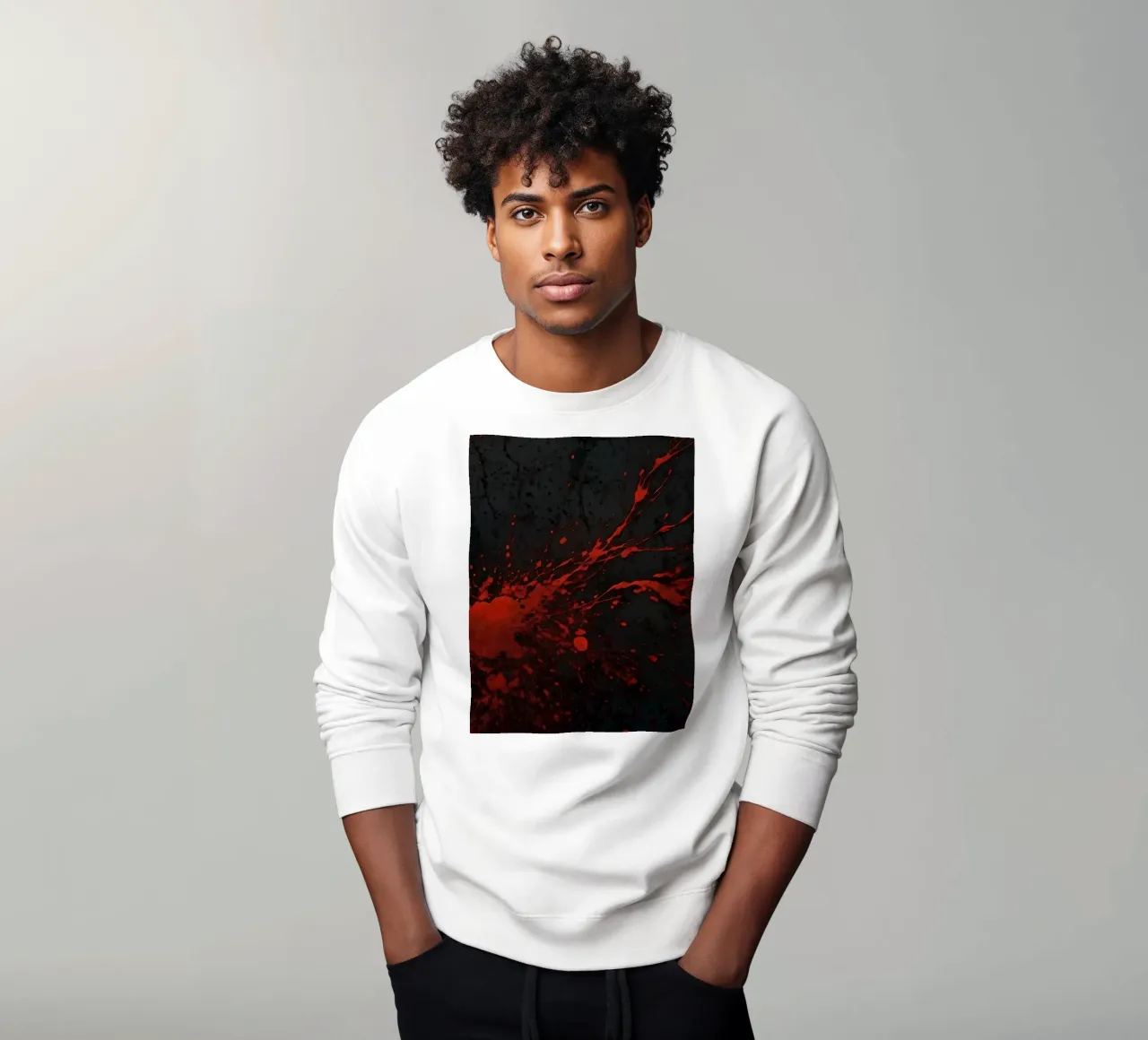 Bold red paint splatters on a dark textured background sweatshirt by DesignDoodle