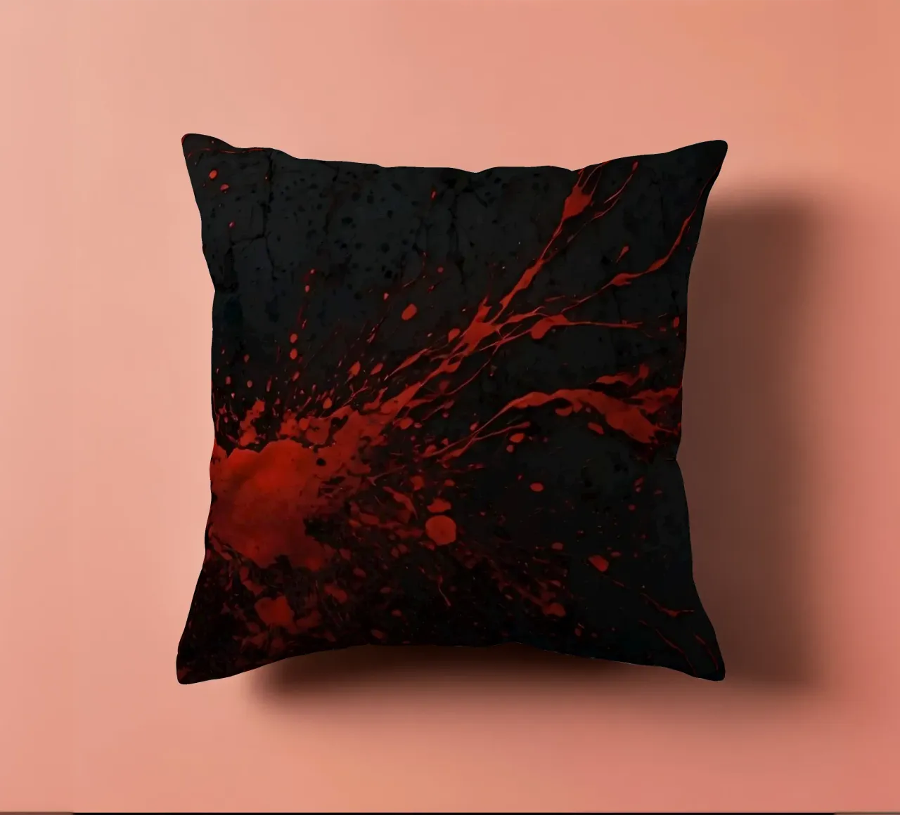 Bold red paint splatters on a dark textured background decorative cushion by DesignDoodle