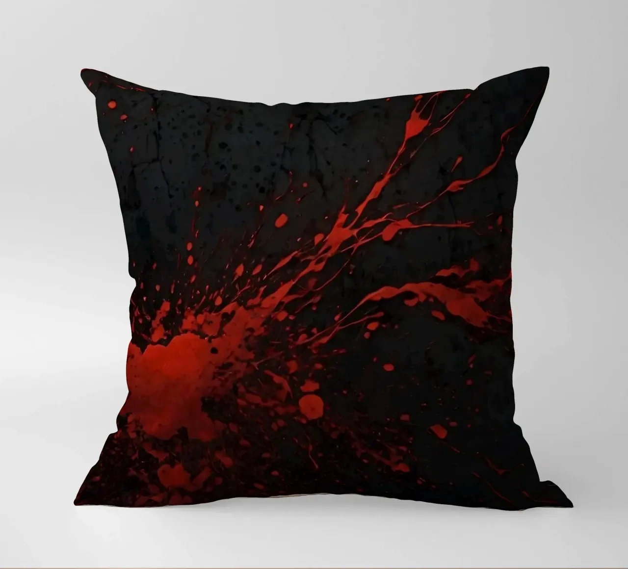 Bold red paint splatters on a dark textured background decorative cushion by DesignDoodle