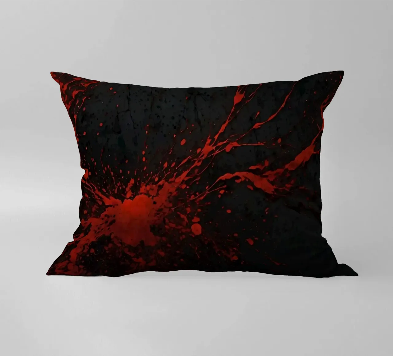 Bold red paint splatters on a dark textured background decorative cushion by DesignDoodle
