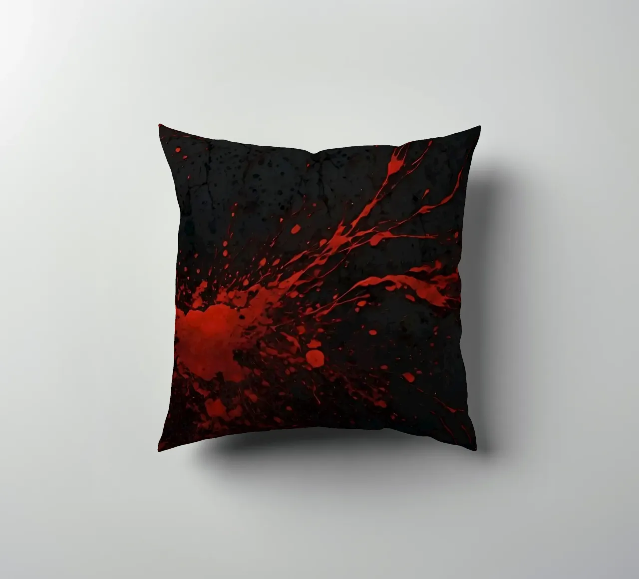Bold red paint splatters on a dark textured background decorative cushion by DesignDoodle
