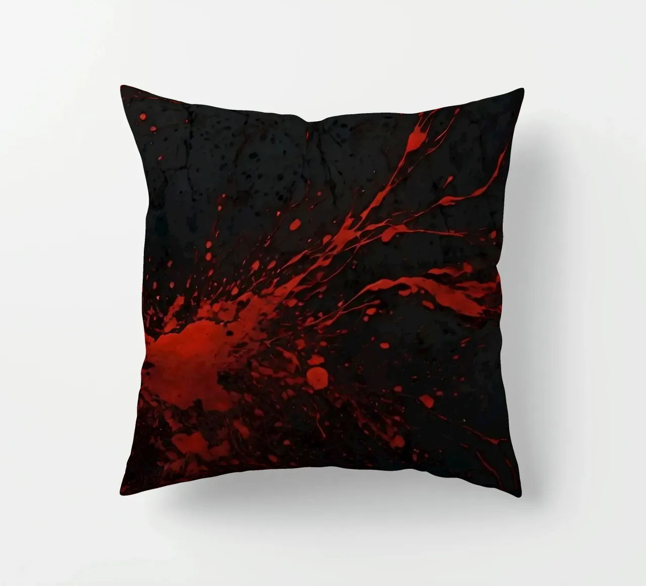 Bold red paint splatters on a dark textured background decorative cushion by DesignDoodle