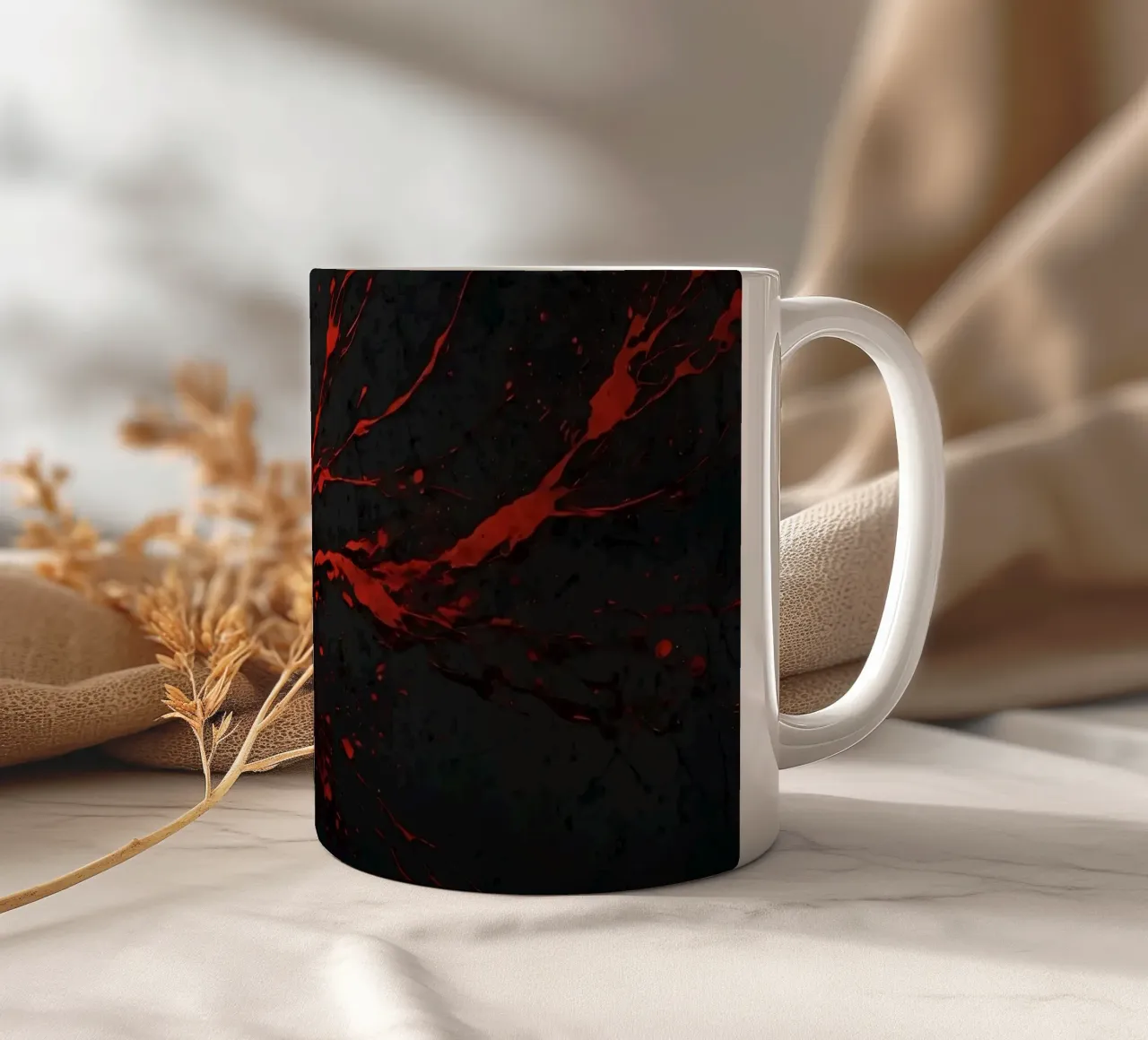 Bold red paint splatters on a dark textured background ceramic mug by DesignDoodle