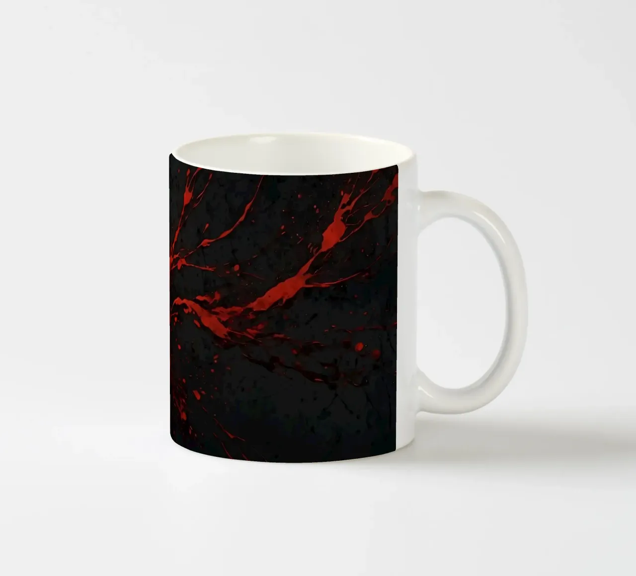 Bold red paint splatters on a dark textured background ceramic mug by DesignDoodle