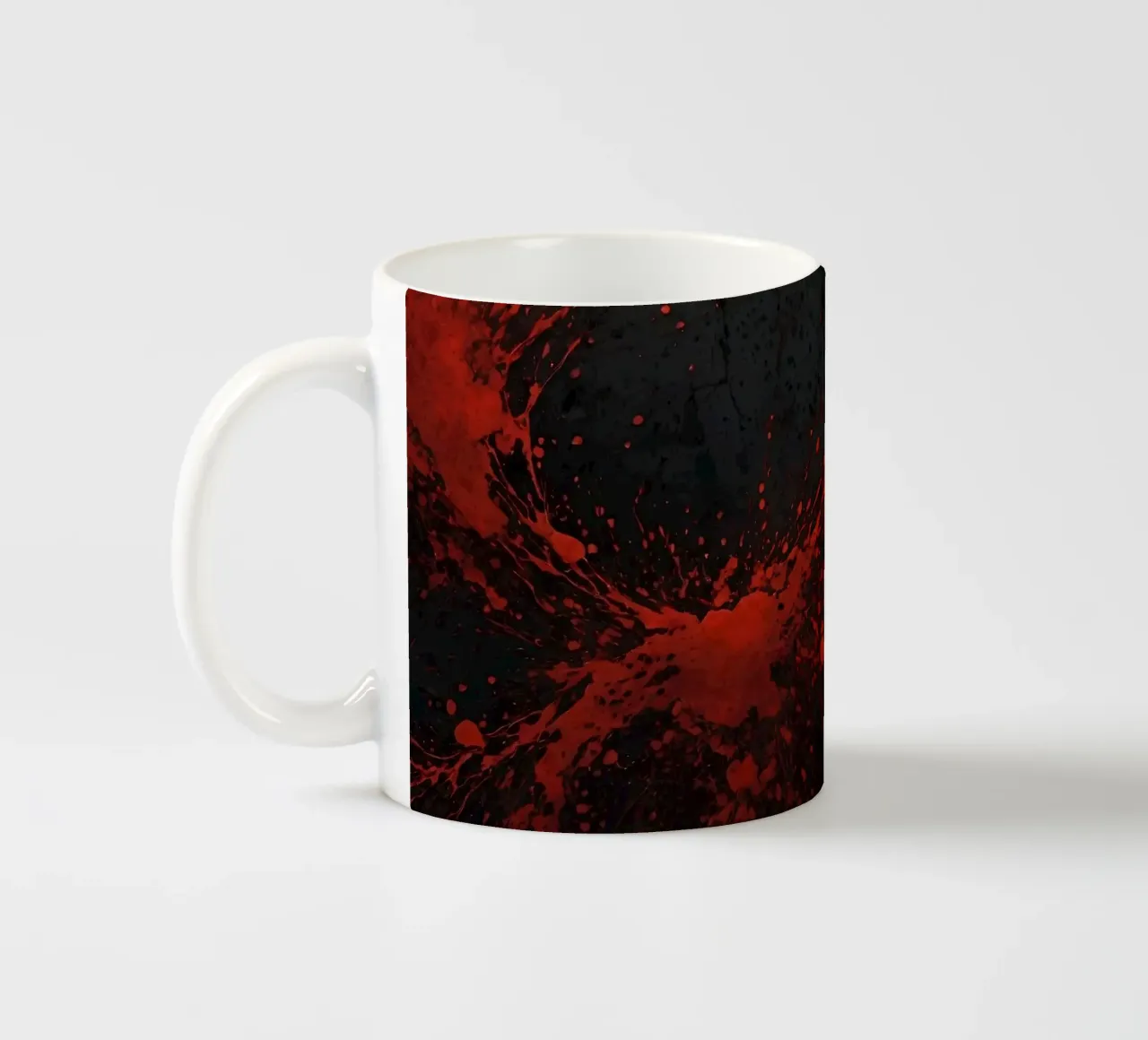 Bold red paint splatters on a dark textured background ceramic mug by DesignDoodle
