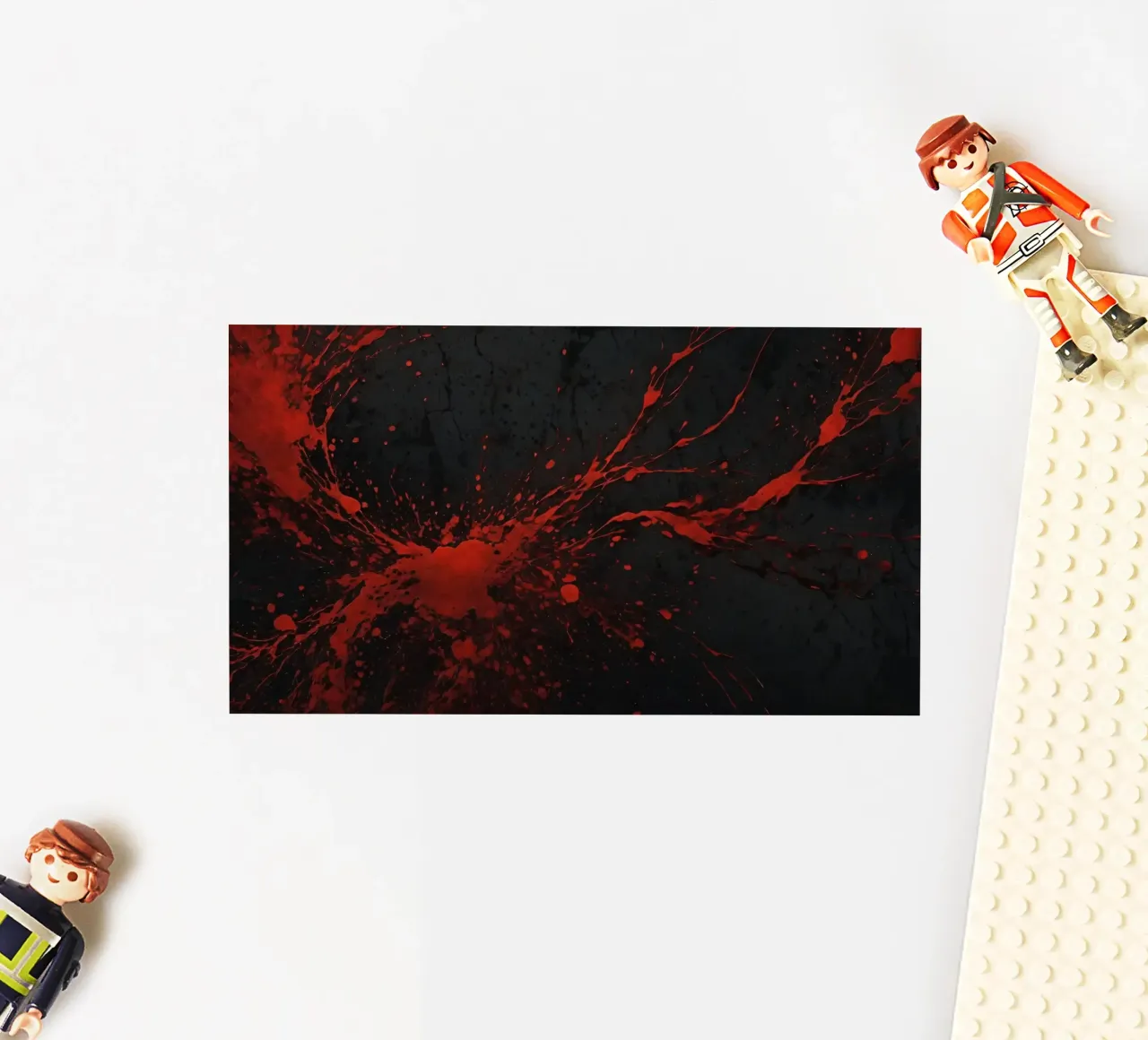Bold red paint splatters on a dark textured background sticker by DesignDoodle