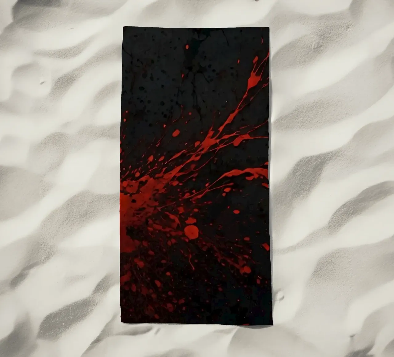 Bold red paint splatters on a dark textured background beach towel by DesignDoodle