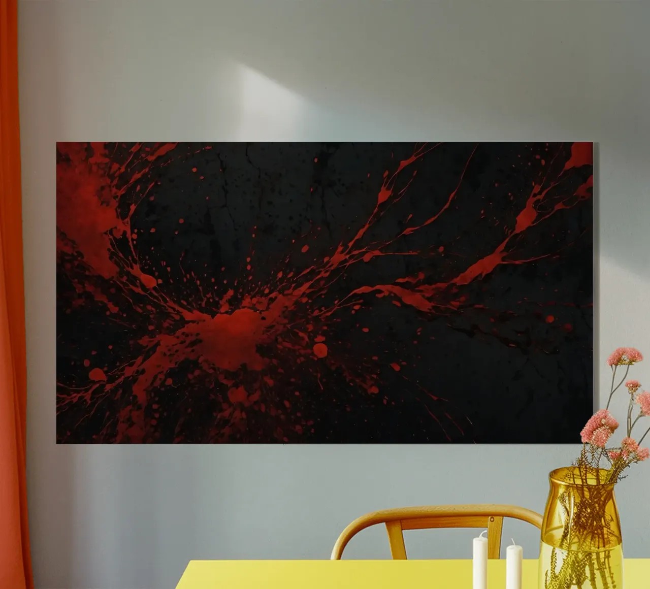 Kräftige rote Farbspritzer auf einem dunkel strukturierten Hintergrund Acryl-Glas von DesignDoodle
