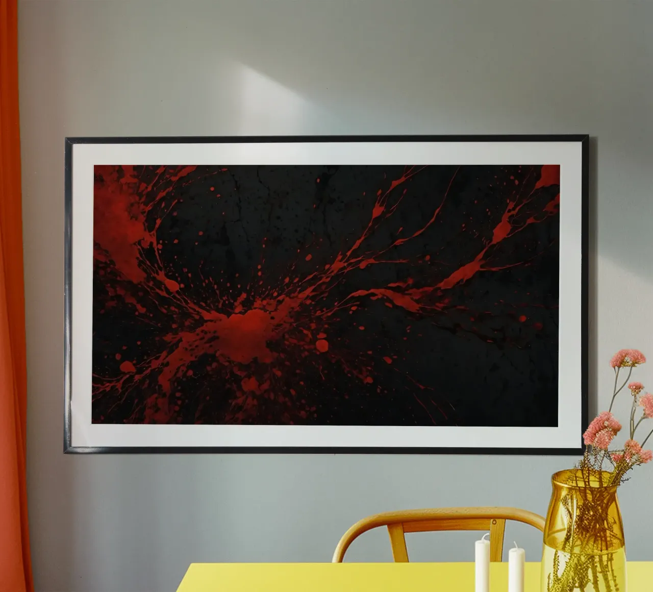 Bold red paint splatters on a dark textured background hahnemühle by DesignDoodle