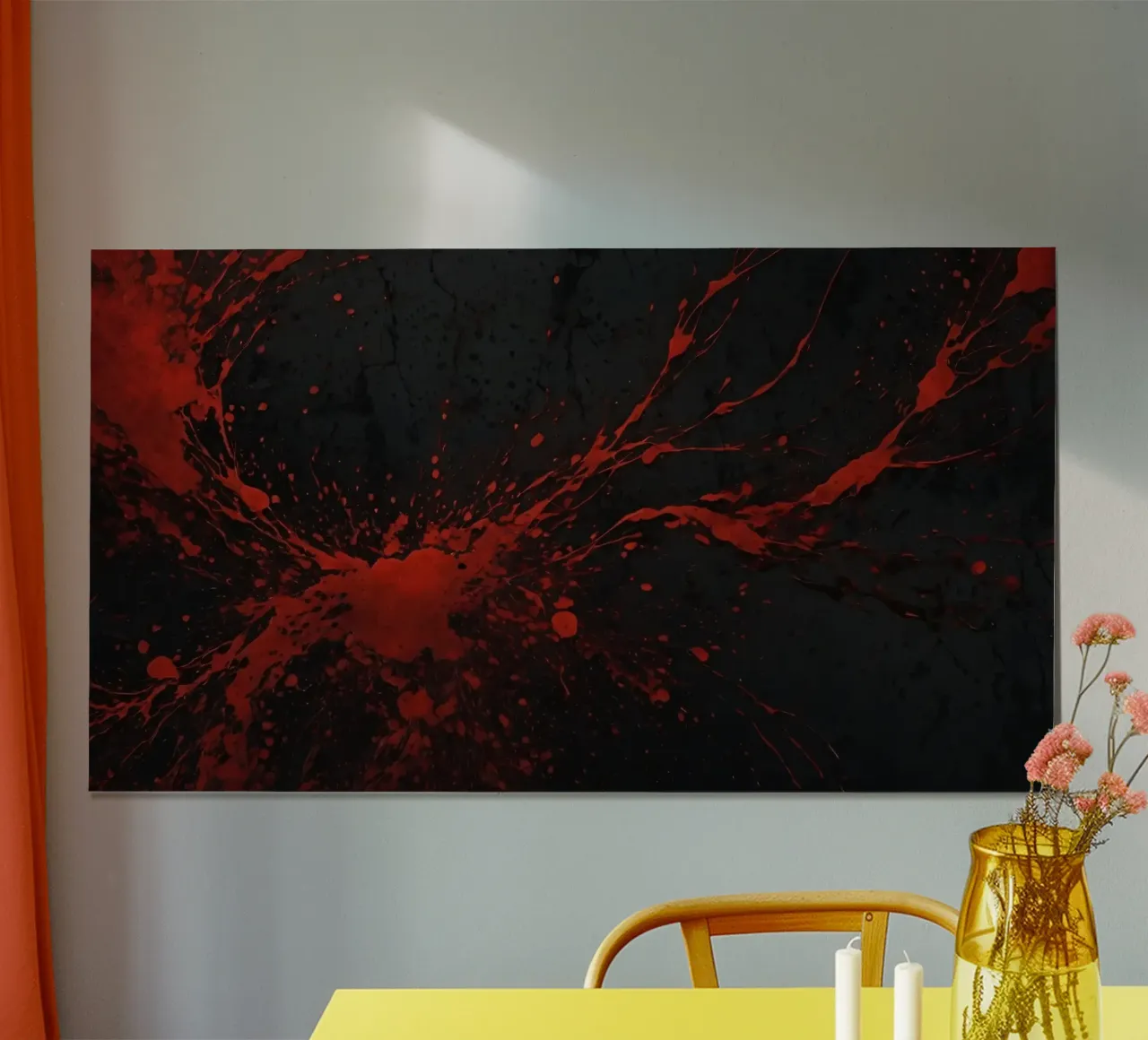 Bold red paint splatters on a dark textured background hahnemühle by DesignDoodle