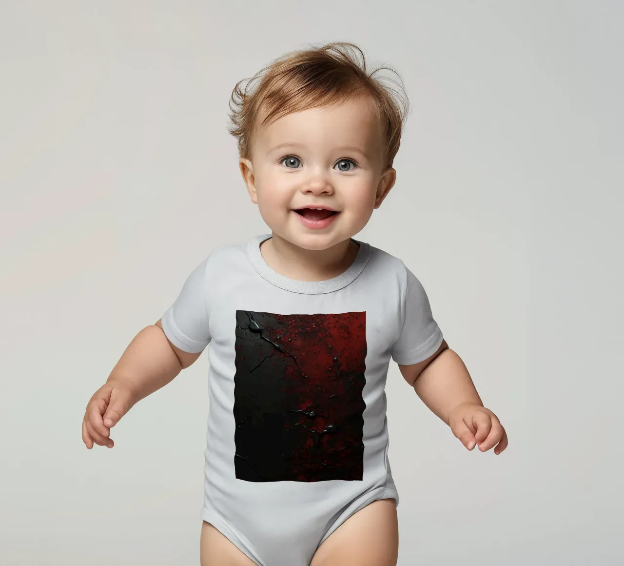 Abstract texture with black and red paint splashes on a dark short-sleeve baby romper by DesignDoodle