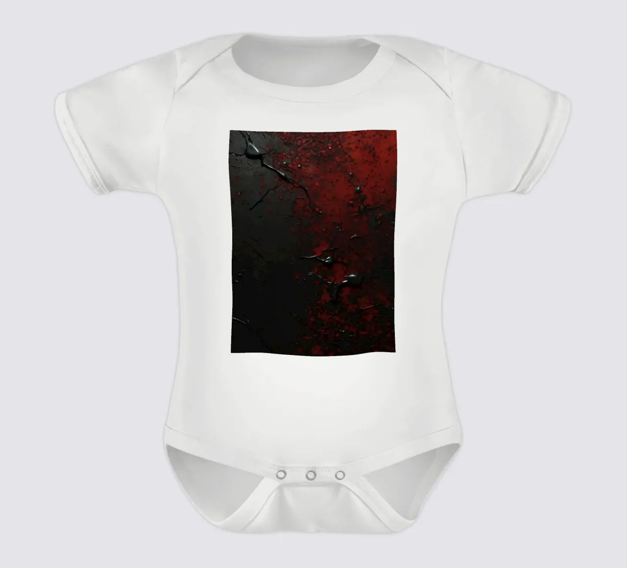 Abstract texture with black and red paint splashes on a dark short-sleeve baby romper by DesignDoodle