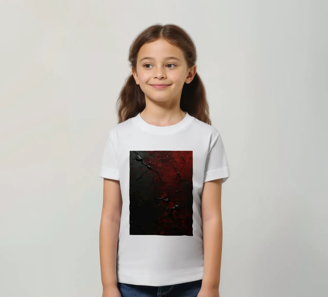 Abstrakte Textur mit schwarzen und roten Farbspritzern auf einem dunklen Kinder T-Shirt von DesignDoodle