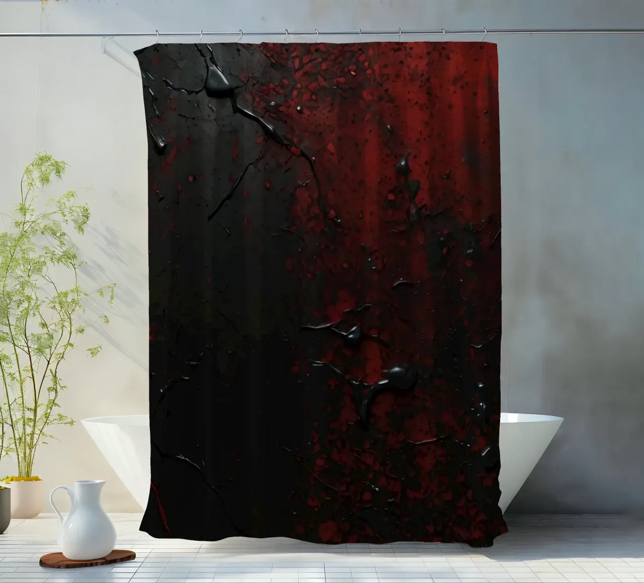 Texture astratta con spruzzi di vernice nera e rossa su un tenda da doccia da DesignDoodle