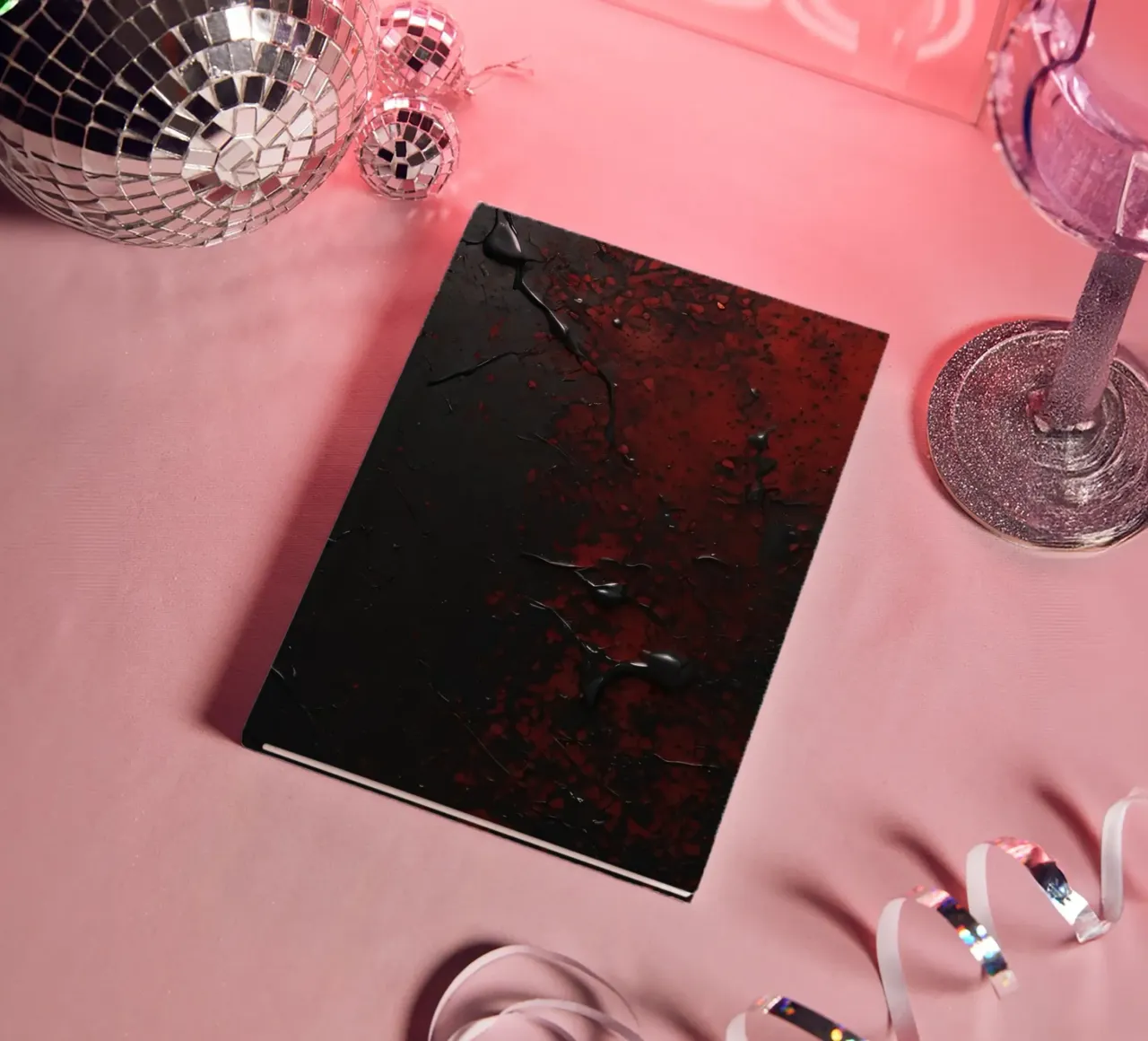 Abstract texture with black and red paint splashes on a dark notebook by DesignDoodle